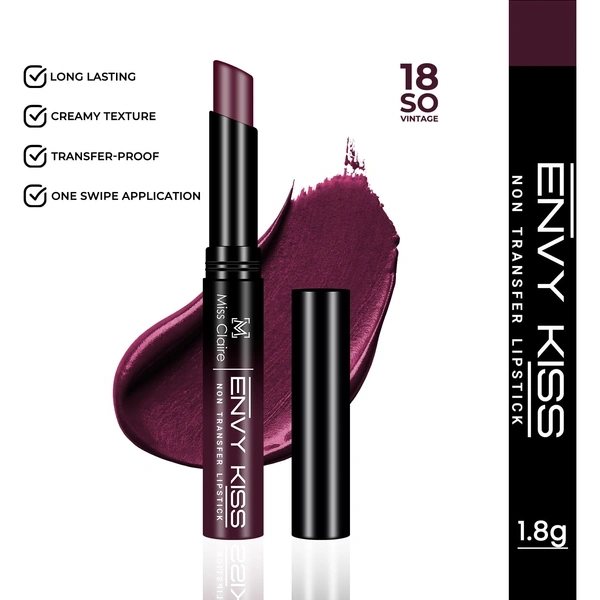Miss Claire Envy Kiss Non Transfer Lipstick 18 So Vintage 1.8g | Rich Matte Finish | Long Lasting Smudge Proof Transfer Resistant Lightweight Lip Color