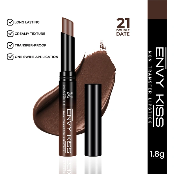Miss Claire Envy Kiss Non Transfer Lipstick 21 Double Date 1.8g | Velvety Matte Finish| Long Lasting Smudge Proof Transfer Resistant Lightweight Lip Color