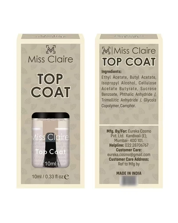 Miss Claire Top Coat Nail Polish 10ml | High Gloss Transparent Nail Top Coat | Long Lasting Shine & Protection | Quick Dry Formula | Prevents Chipping | Salon Finish Nails