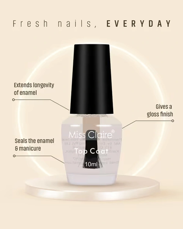 Miss Claire Top Coat Nail Polish 10ml | High Gloss Transparent Nail Top Coat | Long Lasting Shine & Protection | Quick Dry Formula | Prevents Chipping | Salon Finish Nails