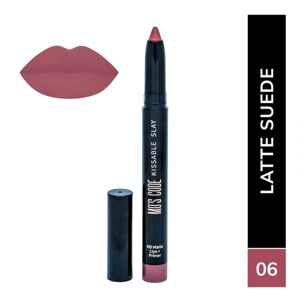 MOS CODE Kissable Slay HD Matte Cryon Lipstick withLips + Primer 1.6g, Latte Suede 06 | Waterproof, Smudge Proof, Long Lasting Matte Lipstick | Vitamin E Enriched, Hydrating