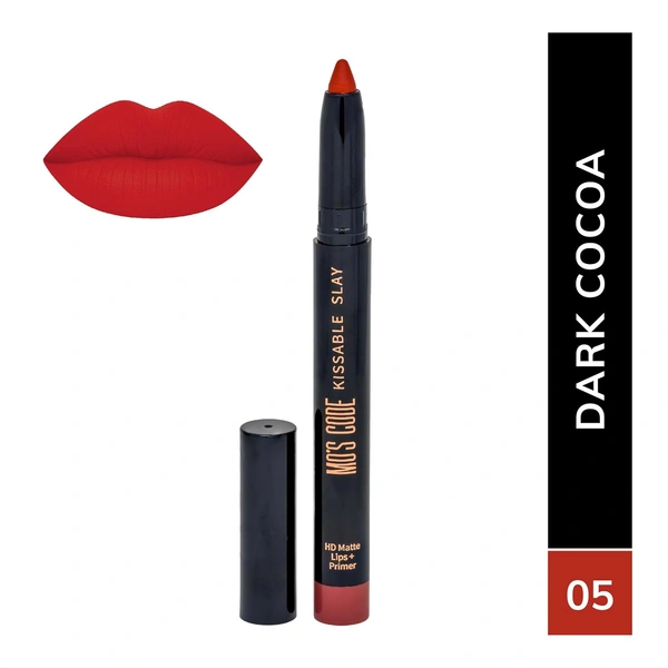 MOS CODE Kissable Slay HD Matte Cryon Lipstick withLips + Primer 1.6g, Dark Cocoa 05 | Waterproof, Smudge Proof, Long Lasting Matte Lipstick | Vitamin E Enriched, Hydrating