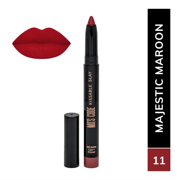 MOS CODE Kissable Slay HD Matte Cryon Lipstick withLips + Primer 1.6g, Majestic Maroon 11 | Waterproof, Smudge Proof, Long Lasting Matte Lipstick | Vitamin E, Hydrating, 1.6g