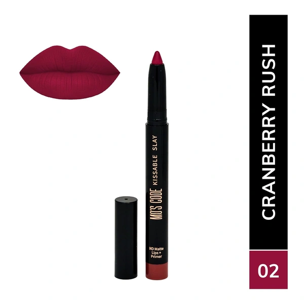 MOS CODE Kissable Slay HD Matte Cryon Lipstick withLips + Primer 1.6g, Cranberry Rush 02 | Waterproof, Smudge Proof, Long Lasting Matte Lipstick | Vitamin E Enriched, Hydrating
