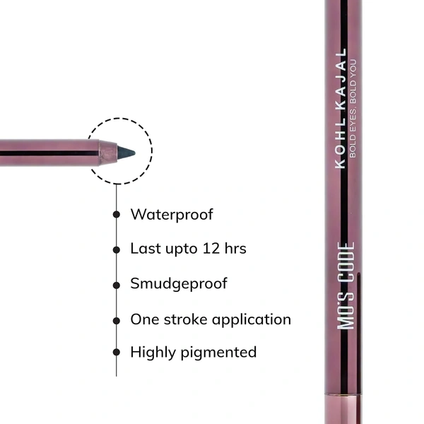 MOS CODE Kohl Kajal Pencil 1.5gm - Venta Black | Waterproof & Smudgeproof | Long Wearing | Single Stroke Application | Matte Finish | Enriched with Vitamin E & Almond Oil | Intense Black Kajal