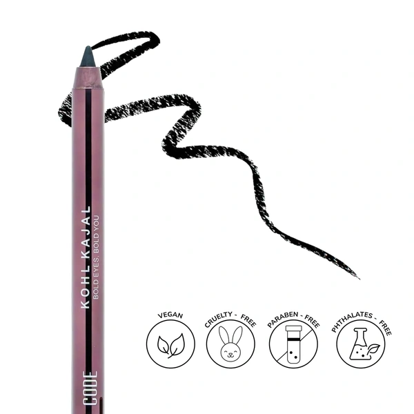 MOS CODE Kohl Kajal Pencil 1.5gm - Venta Black | Waterproof & Smudgeproof | Long Wearing | Single Stroke Application | Matte Finish | Enriched with Vitamin E & Almond Oil | Intense Black Kajal