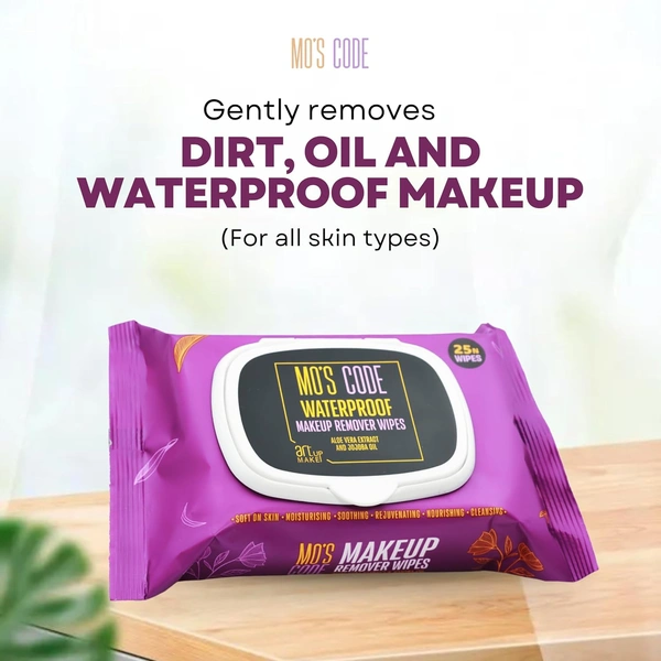 MOS CODE Makeup Remover Wipes - 25 Wet Wipes | Waterproof Makeup Remover | Face Cleansing Wipes | Enriched with Aloe Vera & Jojoba Oil | Soft on Skin | Alcohol, Paraben & Cruelty-Free Formula