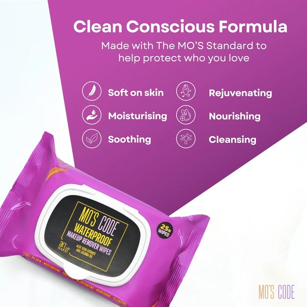 MOS CODE Makeup Remover Wipes - 25 Wet Wipes | Waterproof Makeup Remover | Face Cleansing Wipes | Enriched with Aloe Vera & Jojoba Oil | Soft on Skin | Alcohol, Paraben & Cruelty-Free Formula