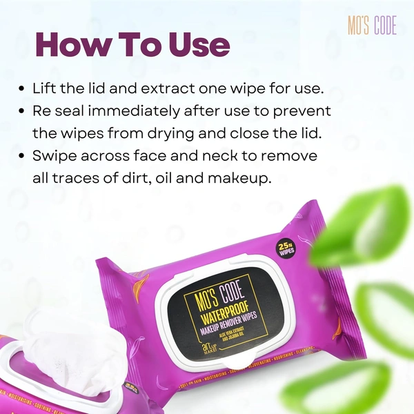 MOS CODE Makeup Remover Wipes - 25 Wet Wipes | Waterproof Makeup Remover | Face Cleansing Wipes | Enriched with Aloe Vera & Jojoba Oil | Soft on Skin | Alcohol, Paraben & Cruelty-Free Formula