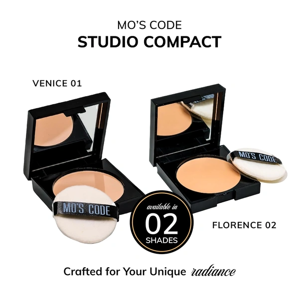 MOS CODE Studio Compact 8gm - Florence 02 | Lightweight High Coverage Compact Powder | Long Lasting | Seamless Blending | Hydrating | Enriched with Vitamin E | Vegan & Cruelty-Free