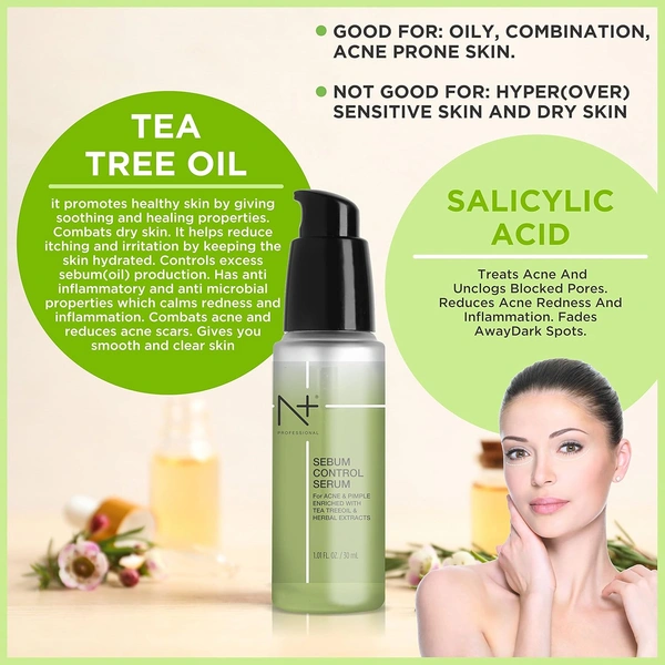 N Plus Professional Sebum Control Face Serum | For Acne And Pimple | Enriched with Tea TreeOil & Herbal Extract | for Oil-Free, Matte Skin | Sebum Control & Pore Minimizing Serum | Control Shine and Prevent Breakouts | 30ml