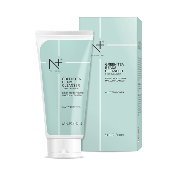 N Plus N + Professional Green Tea Beads Cleanser 100ml | 3 in 1 Cleanser | Rinse Off, Exfoliate, Makeup Cleanser | Antioxidant-Rich | Exfoliating Beads | Smooth Skin | For All Skin Types