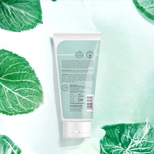 N Plus N + Professional Green Tea Beads Cleanser 100ml | 3 in 1 Cleanser | Rinse Off, Exfoliate, Makeup Cleanser | Antioxidant-Rich | Exfoliating Beads | Smooth Skin | For All Skin Types