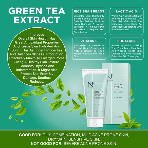 N Plus N + Professional Green Tea Beads Cleanser 100ml | 3 in 1 Cleanser | Rinse Off, Exfoliate, Makeup Cleanser | Antioxidant-Rich | Exfoliating Beads | Smooth Skin | For All Skin Types