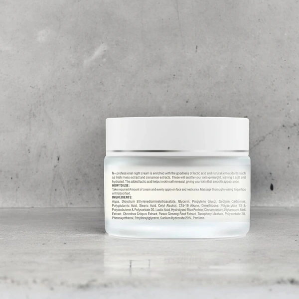 N Plus N + Professional Night Cream 50g | With Lactic Acid & Irish Moss Extract | Helps In Skin Regeneration | Hydrating Skin | Fades Dark Spots | Nourishing Ingredients | for All Skin Types