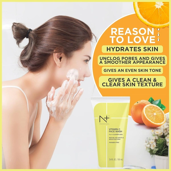 N Plus N+ Professional Vitamin C Face Wash-100ml | Reduce Age Spots & Brighten Skin | Pore Cleansing | Oil-Free Cleanser | Hydrating | Paraben Free | For All Skin Types