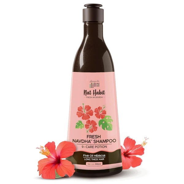 Nat Habit Hibiscus Navdha Shampoo 125ml | Natural Shampoo with Hibiscus, Amla & Fermented Soy | For Hair Growth, Oily Scalp, Dry Frizzy Hair | Sulfate Free Cleanser