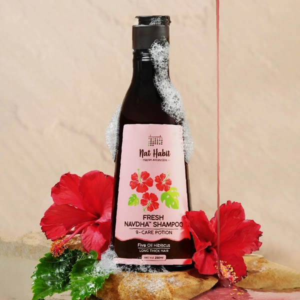 Nat Habit Hibiscus Navdha Shampoo 250ml | Natural Shampoo with Hibiscus, Amla & Fermented Soy | For Hair Growth, Oily Scalp, Dry Frizzy Hair | Sulfate Free Cleanser