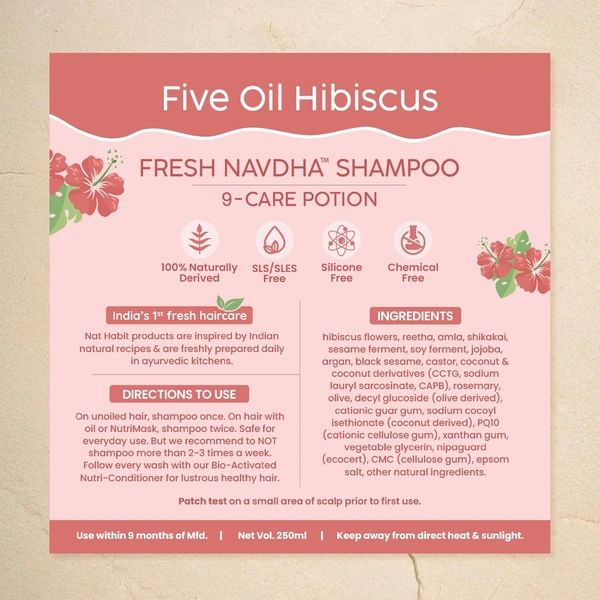 Nat Habit Hibiscus Navdha Shampoo 125ml | Natural Shampoo with Hibiscus, Amla & Fermented Soy | For Hair Growth, Oily Scalp, Dry Frizzy Hair | Sulfate Free Cleanser