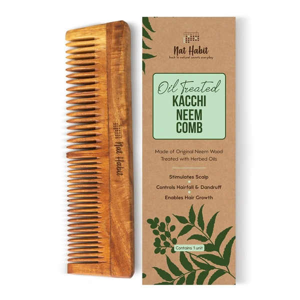 Nat Habit Kacchi Neem Wooden Comb | Soaked in 17 Herbs, Neem & Sesame Oil | Dual Tooth Hair Comb for Detangling, Frizz Control & Shine | All Hair Types