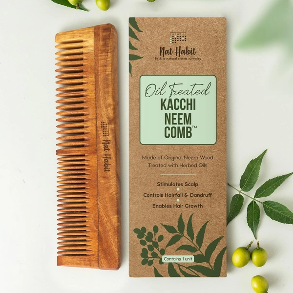 Nat Habit Kacchi Neem Wooden Comb | Soaked in 17 Herbs, Neem & Sesame Oil | Dual Tooth Hair Comb for Detangling, Frizz Control & Shine | All Hair Types