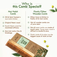 Nat Habit Kacchi Neem Wooden Comb | Soaked in 17 Herbs, Neem & Sesame Oil | Dual Tooth Hair Comb for Detangling, Frizz Control & Shine | All Hair Types
