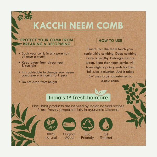 Nat Habit Kacchi Neem Wooden Comb | Soaked in 17 Herbs, Neem & Sesame Oil | Dual Tooth Hair Comb for Detangling, Frizz Control & Shine | All Hair Types