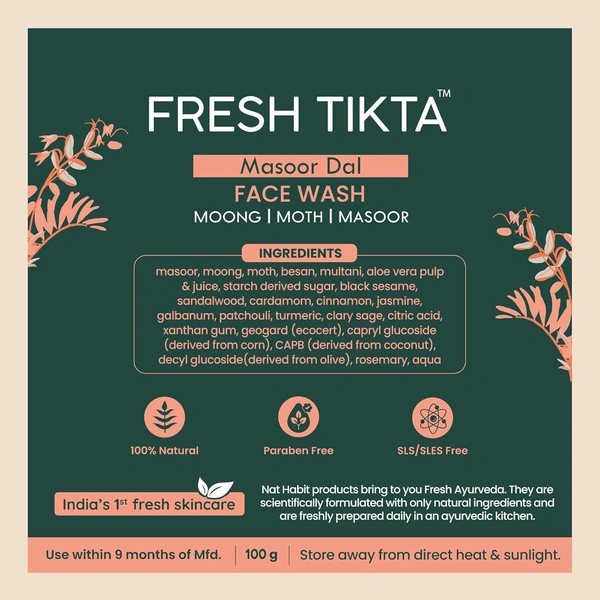 Nat Habit Masoor Dal Face Wash Fresh Daily Tikta 100g | Skin Brightening Natural Cleanser | With Masoor & Moth Dal | Sulphate & Chemical Free | For All Skin Types