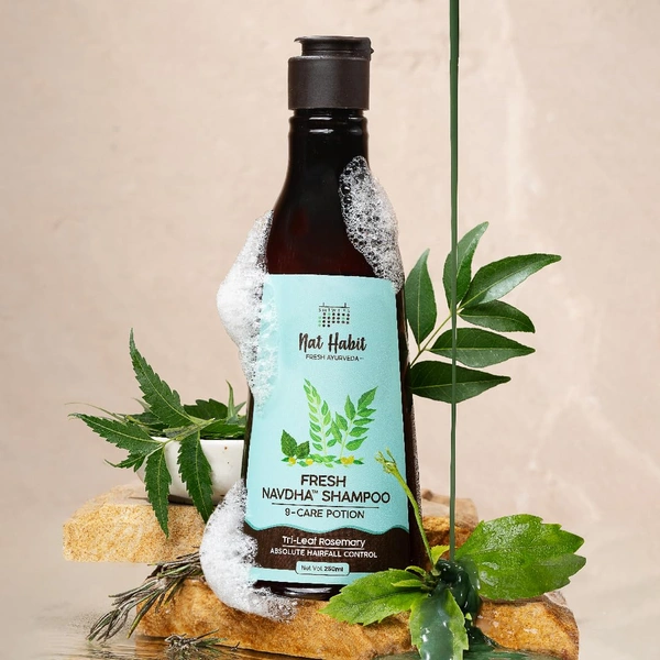 Nat Habit Navdha Rosemary Shampoo 250ml | Hair Fall Control | Sulphate & Paraben Free | Soy Fermented Gentle Cleanser with Amla, Reetha & Shikakai | Herbal & Chemical-Free