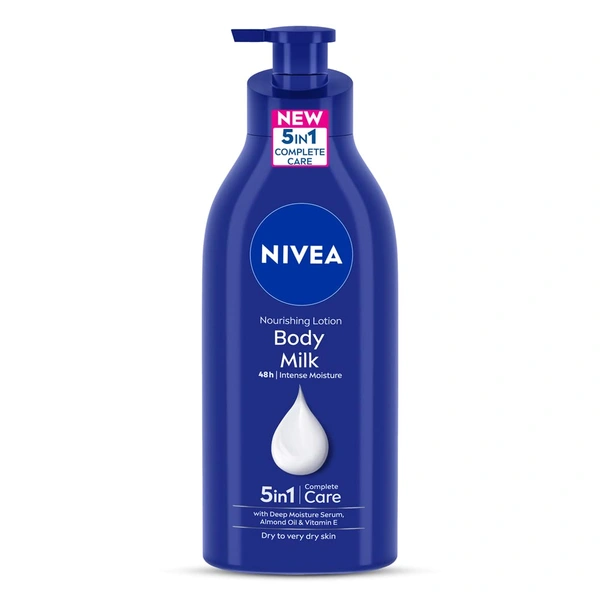Nivea Nourishing Body Milk Body Lotion 600ml| 5 in one With Deep Moisture Serum, Almond Oil & Vitamin E | 48h Deep Moisture Care | Smooth, Soft Skin All Day | Non Greasy & Healthy Looking Skin | Nourishing milk formula | Deep Nourishment for Dry Skin |