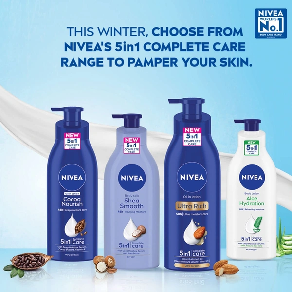 Nivea Nourishing Body Milk Body Lotion 600ml| 5 in one With Deep Moisture Serum, Almond Oil & Vitamin E | 48h Deep Moisture Care | Smooth, Soft Skin All Day | Non Greasy & Healthy Looking Skin | Nourishing milk formula | Deep Nourishment for Dry Skin |
