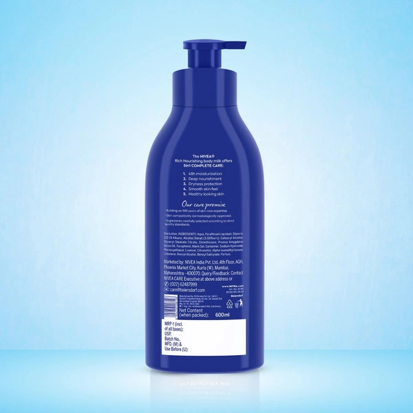 Nivea Nourishing Body Milk Body Lotion 600ml| 5 in one With Deep Moisture Serum, Almond Oil & Vitamin E | 48h Deep Moisture Care | Smooth, Soft Skin All Day | Non Greasy & Healthy Looking Skin | Nourishing milk formula | Deep Nourishment for Dry Skin |