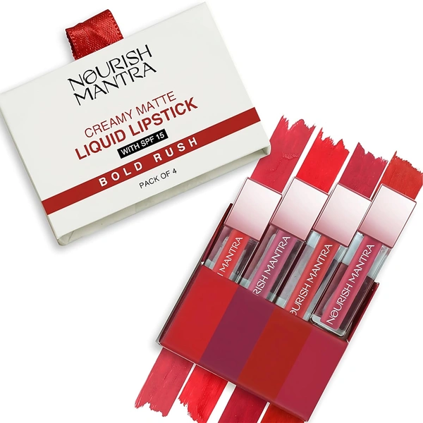 Nourish Mantra Bold Rush Creamy Matte Liquid Lipstick Combo with SPF 15, Set of 4 Mini Lipsticks 1.4ml each | Transfer-Proof, Smudge-Proof & Long-Lasting | Enriched with Jojoba Oil | Shea Butter & Vitamin E?