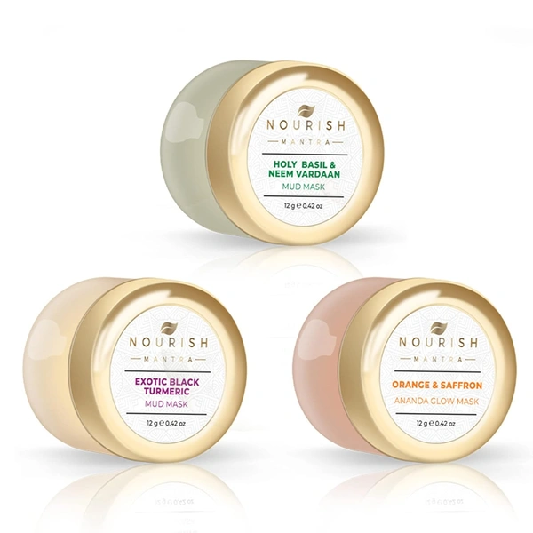 Nourish Mantra Mask Mini Trio Face Care Kit 36g | 3 Natural Mud Masks with Turmeric & Saffron, Neem | Brightening, Detoxifying & Anti-Aging for All Skin Types