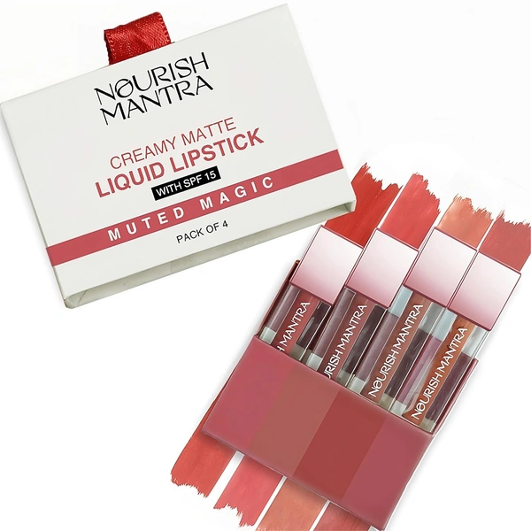 Nourish Mantra Muted Magic Creamy Matte Liquid Lipstick Combo with SPF 15, Set of 4 Mini Lipsticks 1.4ml each | Transfer-Proof, Smudge-Proof & Long-Lasting | Enriched with Jojoba Oil | Shea Butter & Vitamin E?