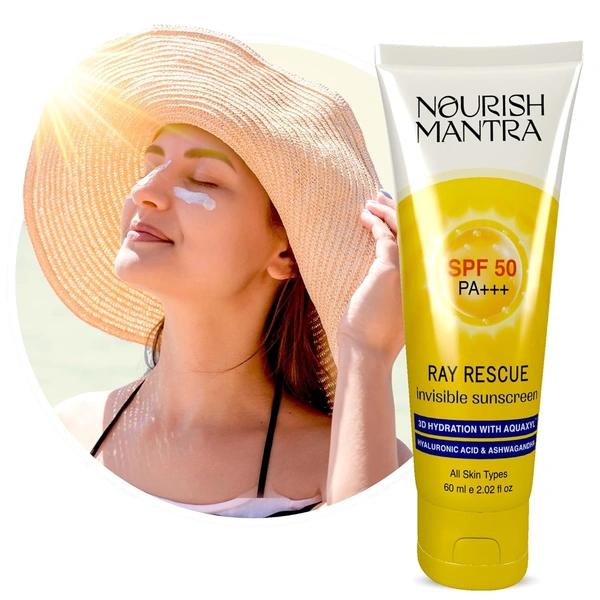 Nourish Mantra Ray Rescue Invisible Sunscreen SPF 50 PA+++ 60ml | With Hyaluronic Acid & Aloe Vera | Ashwagandha  & No White Cast | Hydrating & Lightweight