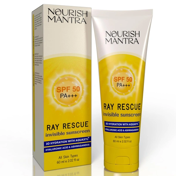 Nourish Mantra Ray Rescue Invisible Sunscreen SPF 50 PA+++ 60ml | With Hyaluronic Acid & Aloe Vera | Ashwagandha  & No White Cast | Hydrating & Lightweight