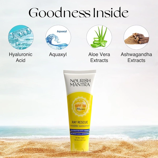 Nourish Mantra Ray Rescue Invisible Sunscreen SPF 50 PA+++ 60ml | With Hyaluronic Acid & Aloe Vera | Ashwagandha  & No White Cast | Hydrating & Lightweight