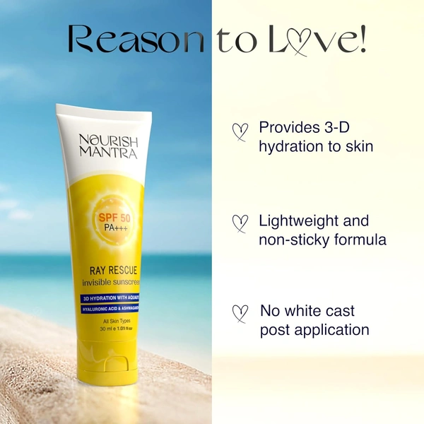 Nourish Mantra Ray Rescue Invisible Sunscreen SPF 50 PA+++ 30ml | With Hyaluronic Acid & Aloe Vera | Ashwagandha  & No White Cast | Hydrating & Lightweight
