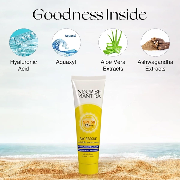 Nourish Mantra Ray Rescue Invisible Sunscreen SPF 50 PA+++ 30ml | With Hyaluronic Acid & Aloe Vera | Ashwagandha  & No White Cast | Hydrating & Lightweight