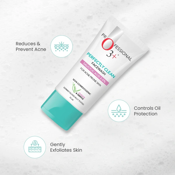 O3+ Professional Face Wash 2% Salicylic Acid  Perfectly Clean 75ml  | Deep Pore Cleanse, Acne Control, and Clear Skin Solution for Oily and Acne-Prone Skin