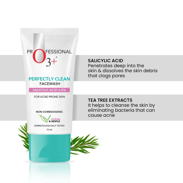 O3+ Professional Face Wash 2% Salicylic Acid  Perfectly Clean 75ml  | Deep Pore Cleanse, Acne Control, and Clear Skin Solution for Oily and Acne-Prone Skin