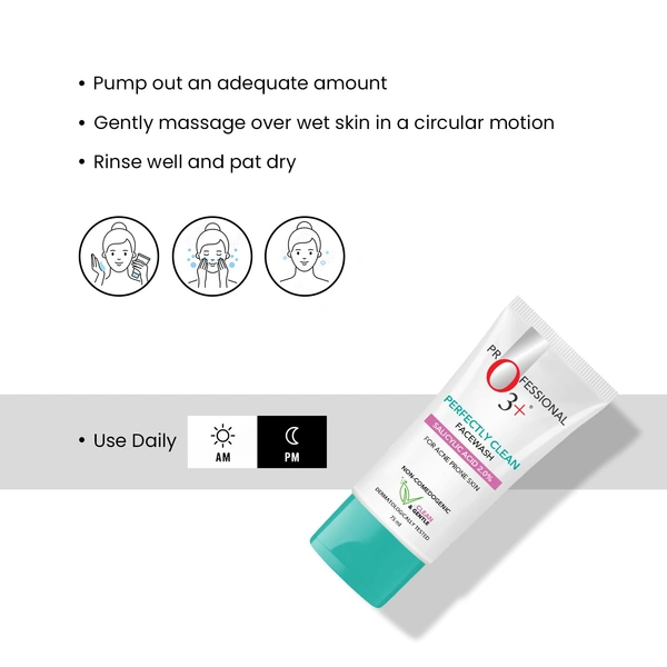 O3+ Professional Face Wash 2% Salicylic Acid  Perfectly Clean 75ml  | Deep Pore Cleanse, Acne Control, and Clear Skin Solution for Oily and Acne-Prone Skin