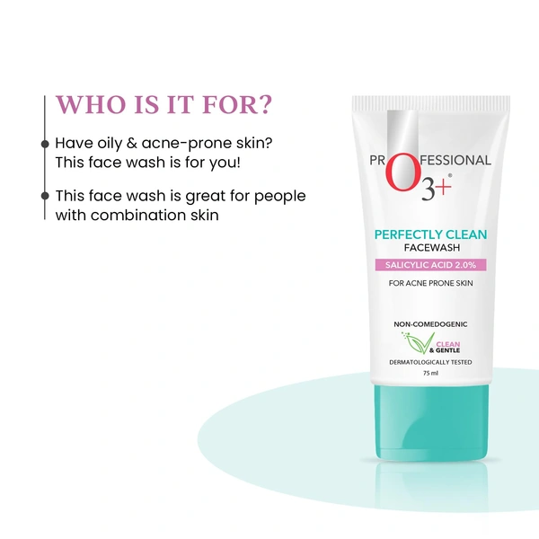 O3+ Professional Face Wash 2% Salicylic Acid  Perfectly Clean 75ml  | Deep Pore Cleanse, Acne Control, and Clear Skin Solution for Oily and Acne-Prone Skin