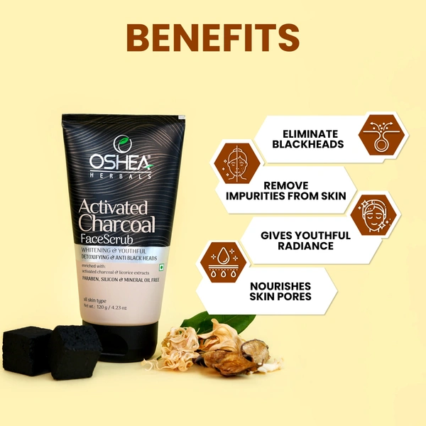 Oshea Herbals Activated Charcoal Face Scrub 120g | Deep Cleansing & Blackhead Removal | Skin Detox & Paraben-Free | Antioxidant-Rich Exfoliator for All Skin Types