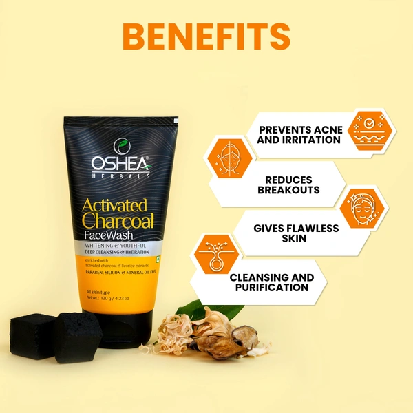 Oshea Herbals Activated Charcoal Face Wash 120g | Deep Cleansing & Oil Control | Blackhead Removal | Skin Brightening & Hydration for Fresh | Clear & Radiant Skin