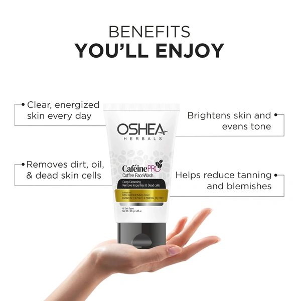 Oshea Herbals Cafeine Pro Coffee Face Wash 120g | Enriched with Coffee Seed Oil & Mulberry Extracts | Gently Cleanses, Removes Impurities, Brightens & Refreshes Skin