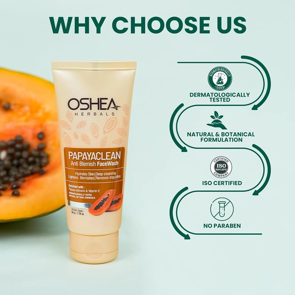 Oshea Herbals Papayaclean Anti Blemishes Face Wash 100gm | Enriched with Papaya & Vitamin E | Removes dark spost, Reduces Blemishes & Pigmentation For All Skin Types
