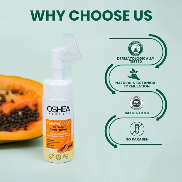 Oshea Herbals Papayaclean Anti Blemishes Foaming Face Wash 150gm | Enriched with Papaya Extract & Vitamin E | Lightens Blemishes & Hydrates Skin | Enhances Complexion &  Helps in De-pigmentation