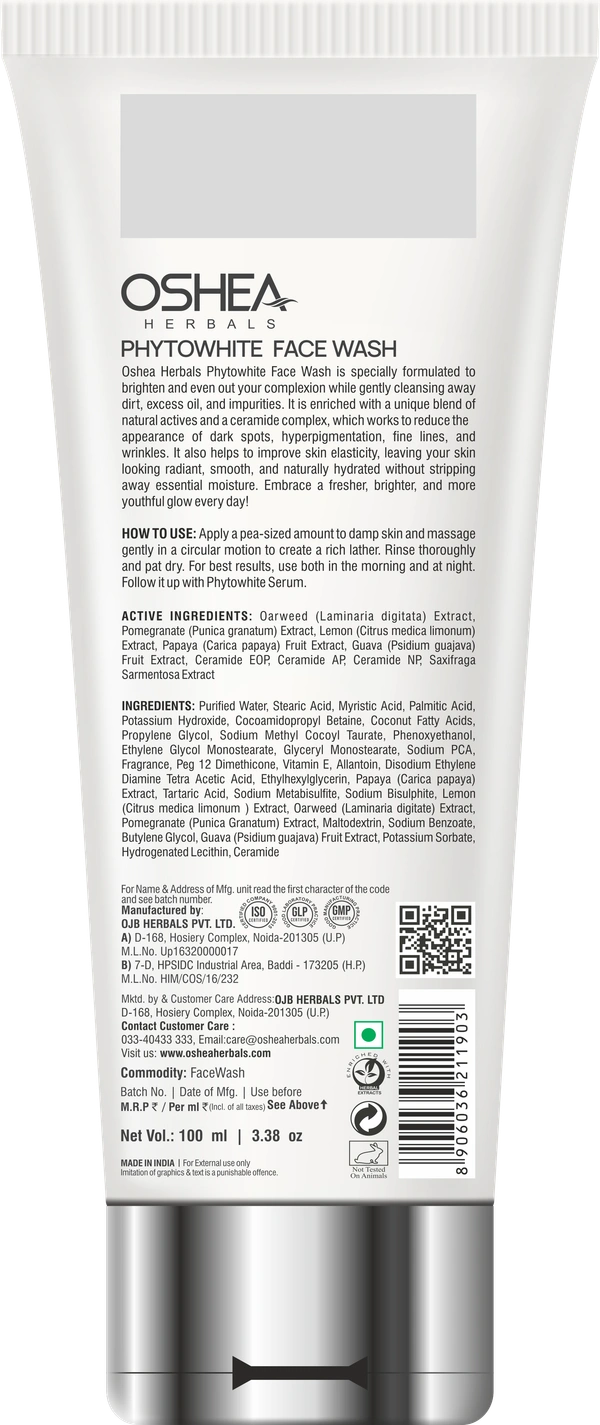 Oshea Herbals PhytoWHITE Brightening & Lightening Face Wash 100ml | Whitening Boost Formula | Deep Cleanse | Glowing Skin | Natural Extracts | RadiantFresh Look